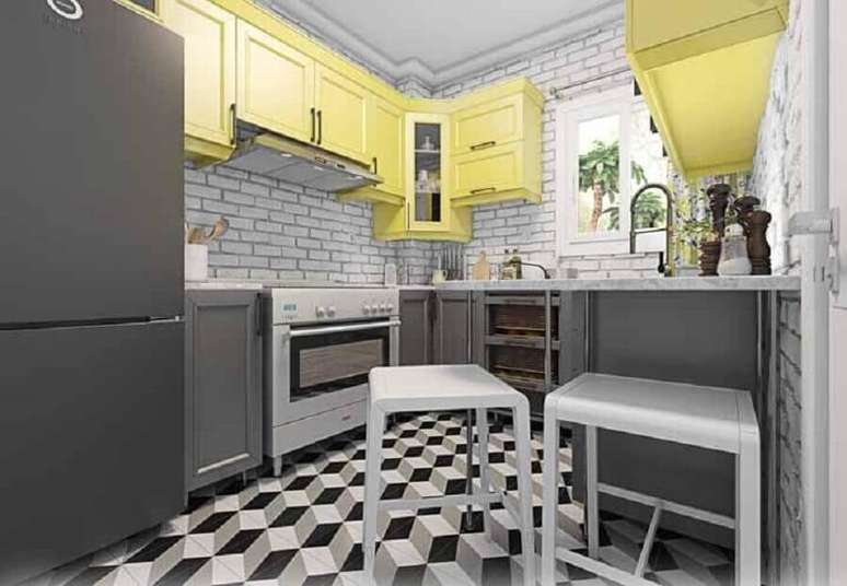 39. Decoração de cozinha modulada cinza e amarela – Foto: Webcomunica