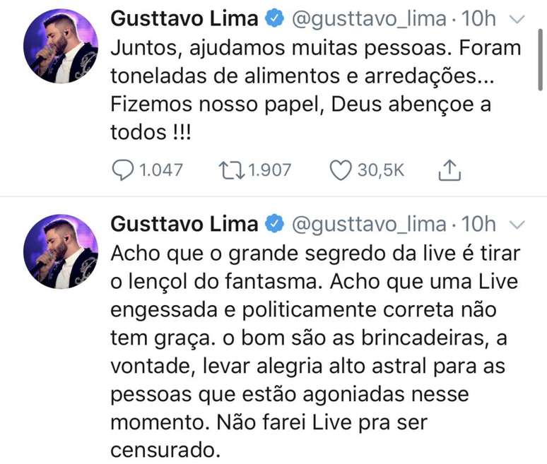 Gusttavo Lima usou o Twitter para desabafar sobre cr&iacute;ticas em rela&ccedil;&atilde;o ao consumo de &aacute;lcool durante live na quarentena.