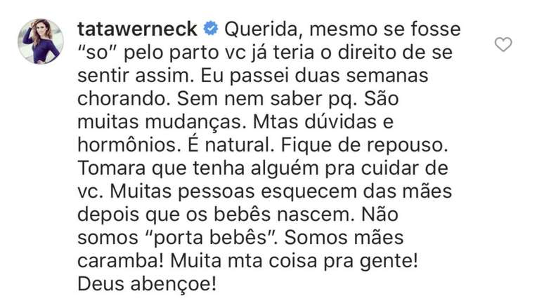 Coment&aacute;rio de Tat&aacute; Werneck em publica&ccedil;&atilde;o da influenciadora digital Thais Carla.
