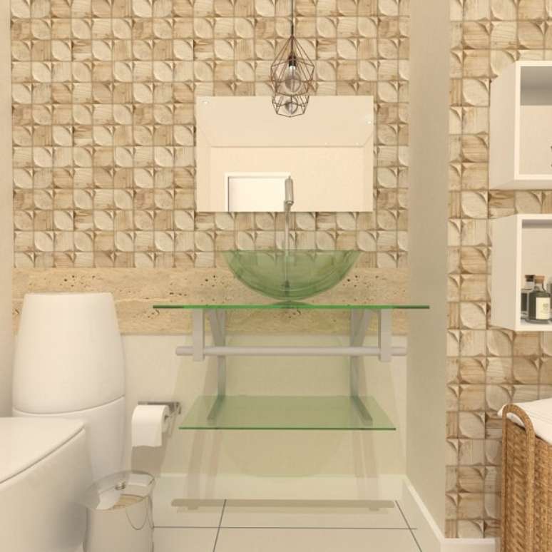 39. A pia de vidro de banheiro é uma ótima combinação para ambientes claros – Foto: Via Pinterest