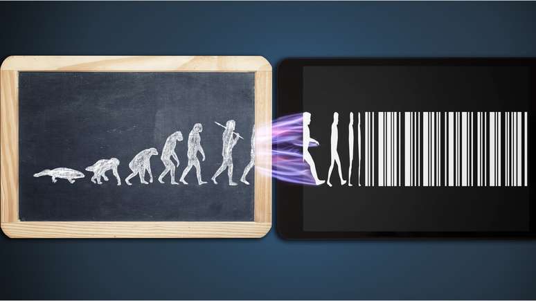 Homem se transformando em um c&oacute;digo de barras