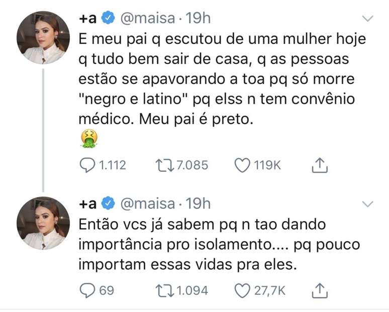 Maisa Silva usou o Twitter para desabafar sobre preconceito e racismo durante quarentena. 