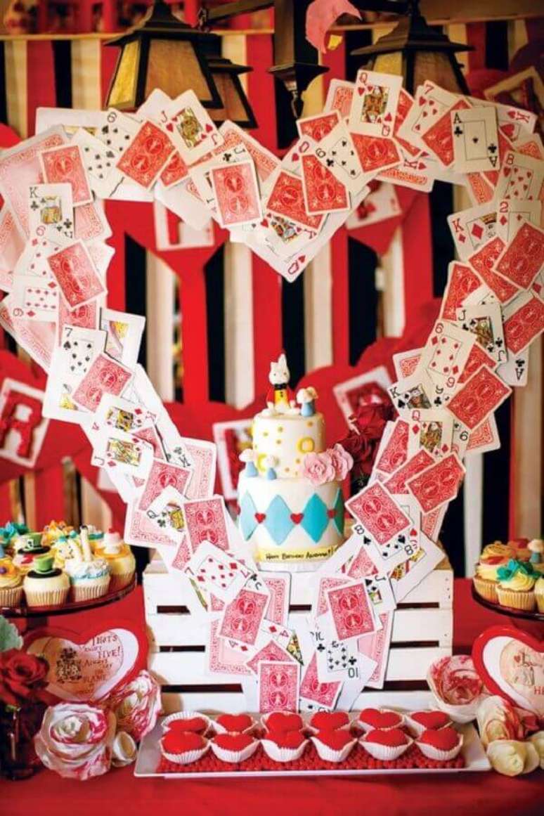 21. O branco e vermelho também são cores muito usadas para decoração de festa Alice no País das Maravilhas – Foto: Segredos da Vovó