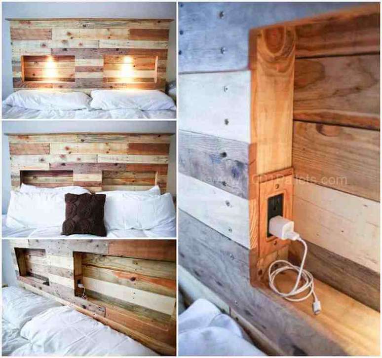 37. É possível instalar uma tomada na estrutura da cabeceira de pallet. Fonte: Pinterest