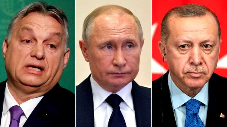 Viktor Orban, primeiro-ministro da Hungria (esq), Vladmir Putin, presidente da Rússia e Recep Tayyip Erdogan, da Turquia; todos são vistos como 'aproveitadores' da crise do coronavírus para aumentar seu poder