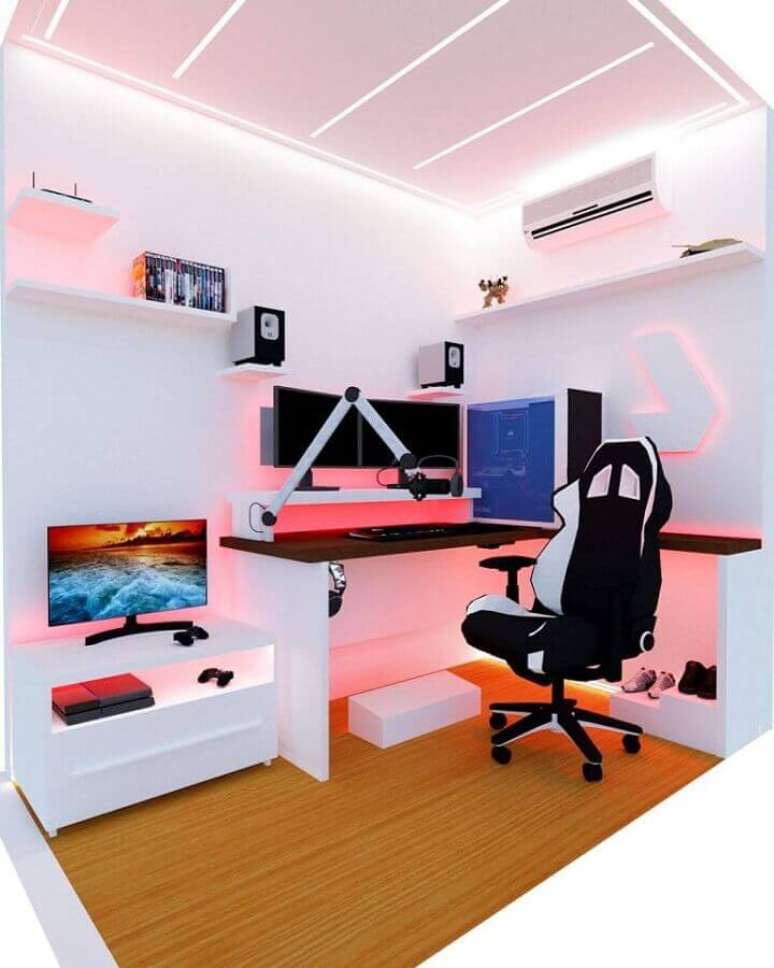 59. Decoração com led rosa para quarto gamer feminino todo branco – Foto: Futurist Architecture
