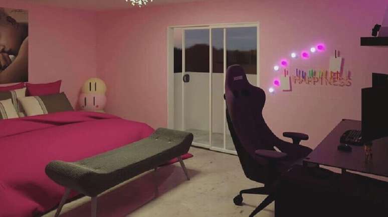 68. Invista em tons de rosa para a decoração de quarto gamer feminino – Foto: Pinterest