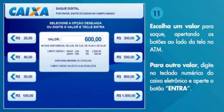 Passo 4: escolha o valor de saque desejado. Se quiser outro valor, digite no teclado num&eacute;rico do caixa eletr&ocirc;nico. Depois confirme a a&ccedil;&atilde;o clicando em "Entra".
