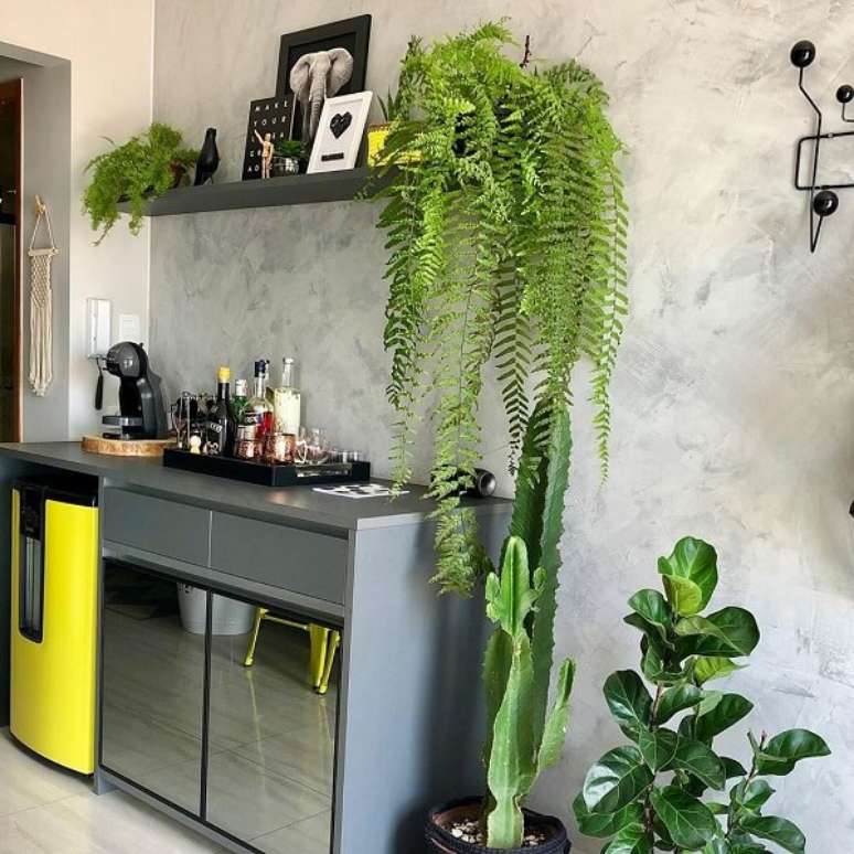 43. As plantas trazem frescor para a decora&ccedil;&atilde;o do home bar. Fonte: Pinterest