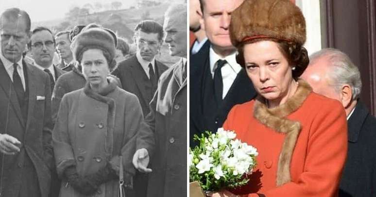 A rainha Elizabeth entre os moradores enlutados de Aberfan e a cena retratada em The Crown, com a atriz Olivia Colman no papel da monarca