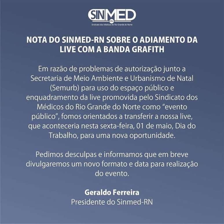 Nota emitida pelo Sindicato dos Médicos do Rio Grande do Norte.