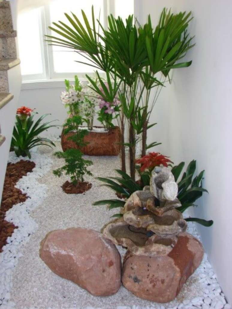 40. Pedras para jardim combinadas com plantas ornamentais em jardim interno. Projeto de Daniela Oliveira