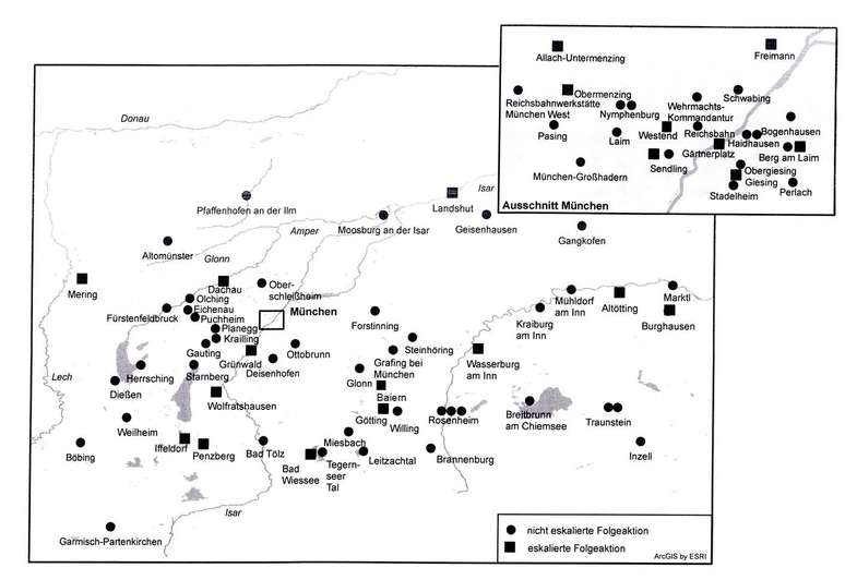 Mapa mostra ações desencadeadas pela transmissão de rádio. Os círculos são os locais onde a situação não escalou. Os quadrados ficam em áreas onde houve conflito