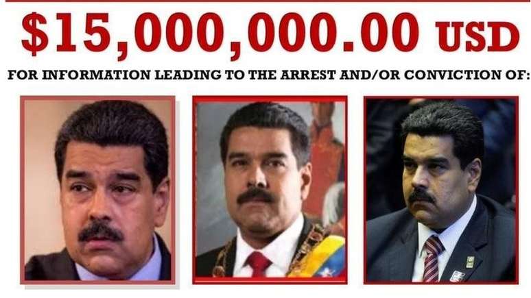 O Departamento de Estado dos EUA anunciou uma recompensa de US$ 15 milhões por informações que levem à prisão de Maduro.