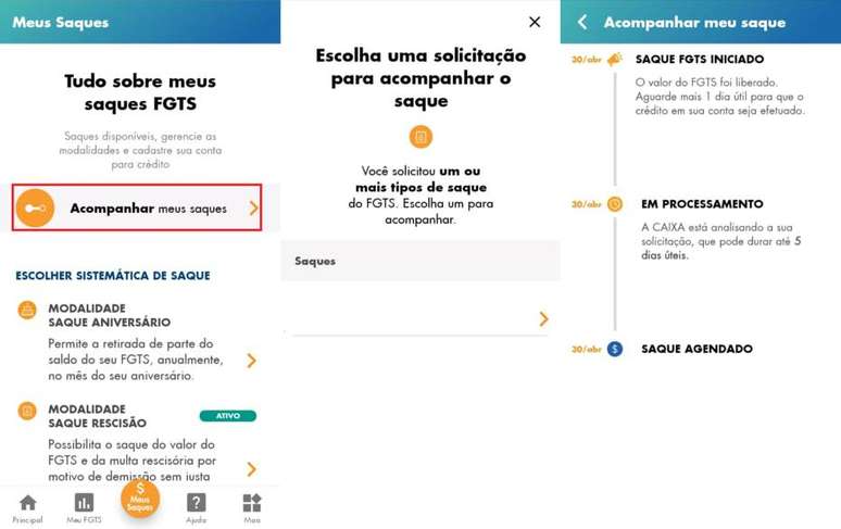 Passo 3: Para ver como está o processamento do seu saque, clique na opção "Acompanhar meus saques" e clique no saque que você quer consultar.