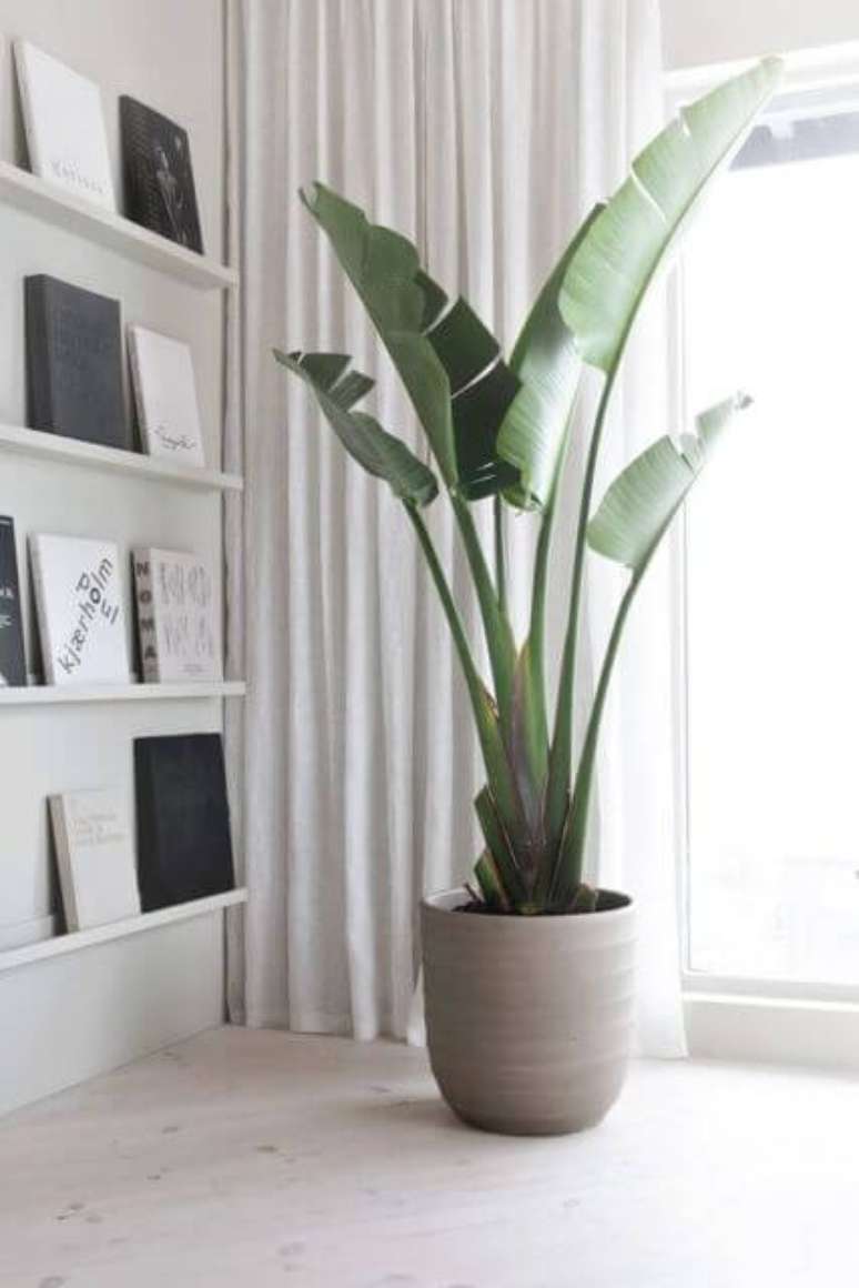 4. Vaso grande de cimento na sala de estar clean – Via: Pinterest