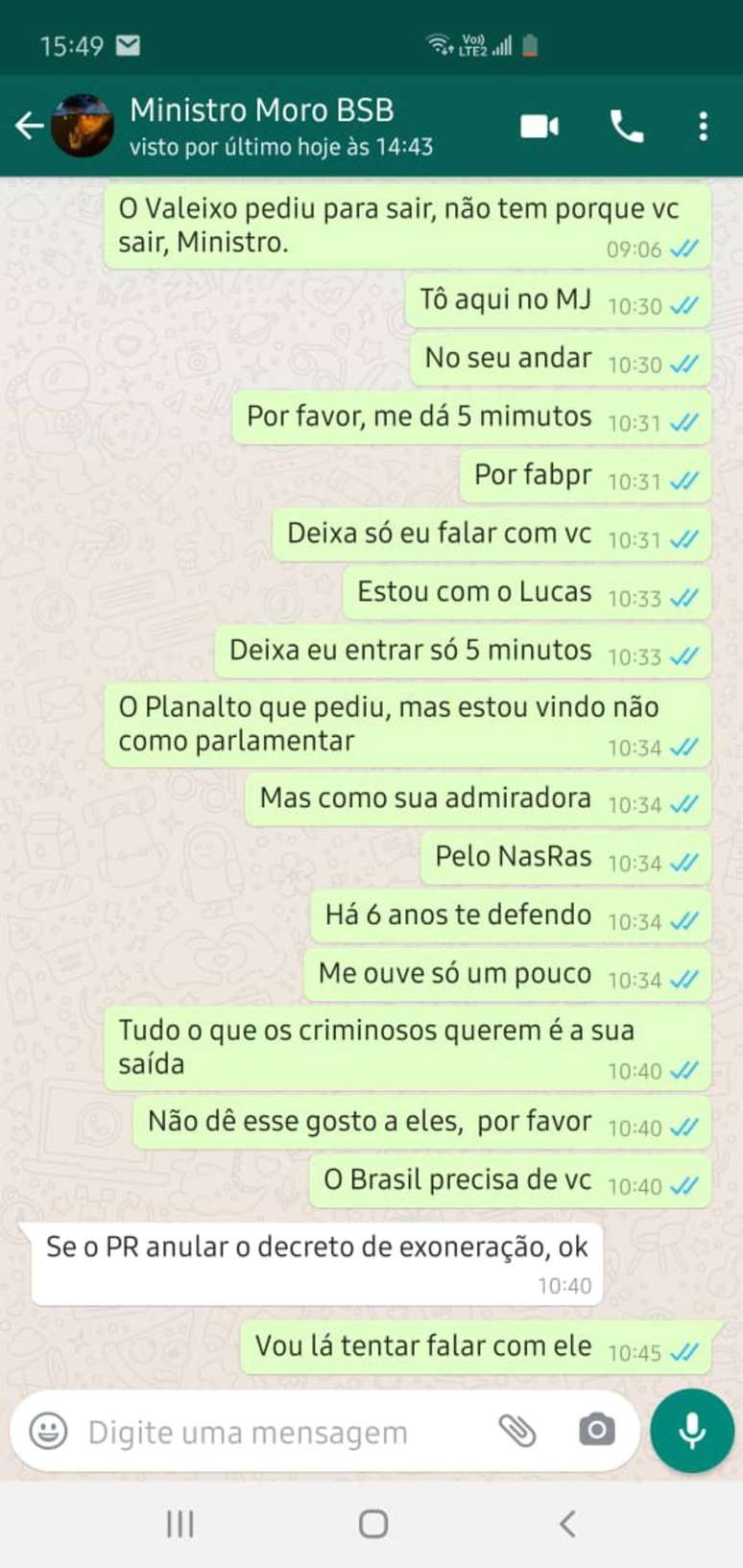 Conversa entre a deputada Carla Zambelli e o ex-ministro da Justiça Sérgio Moro