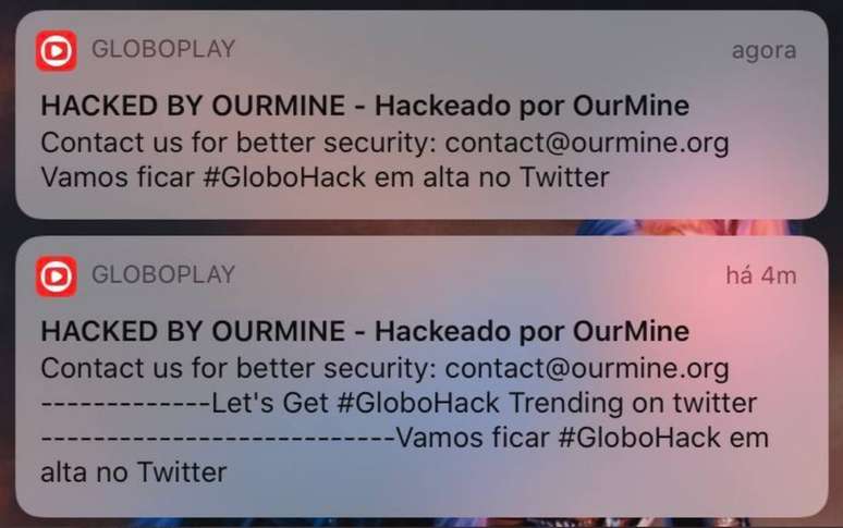 Mensagem de hackers após invasão ao sistema de notificações do Globoplay.