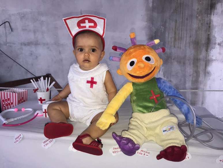 A pequena Malu ganhou celebrou o mesversário de nove meses com o tema coronavírus do bem, em Salvador; vírus foi representado pelo boneco de pelúcia