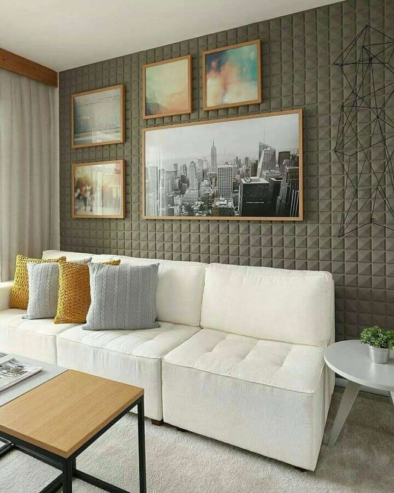 77. Sofás sem braço modernos para decoração de sala contemporânea com parede 3D – Foto: Sesso & Dalanezi Arquitetura