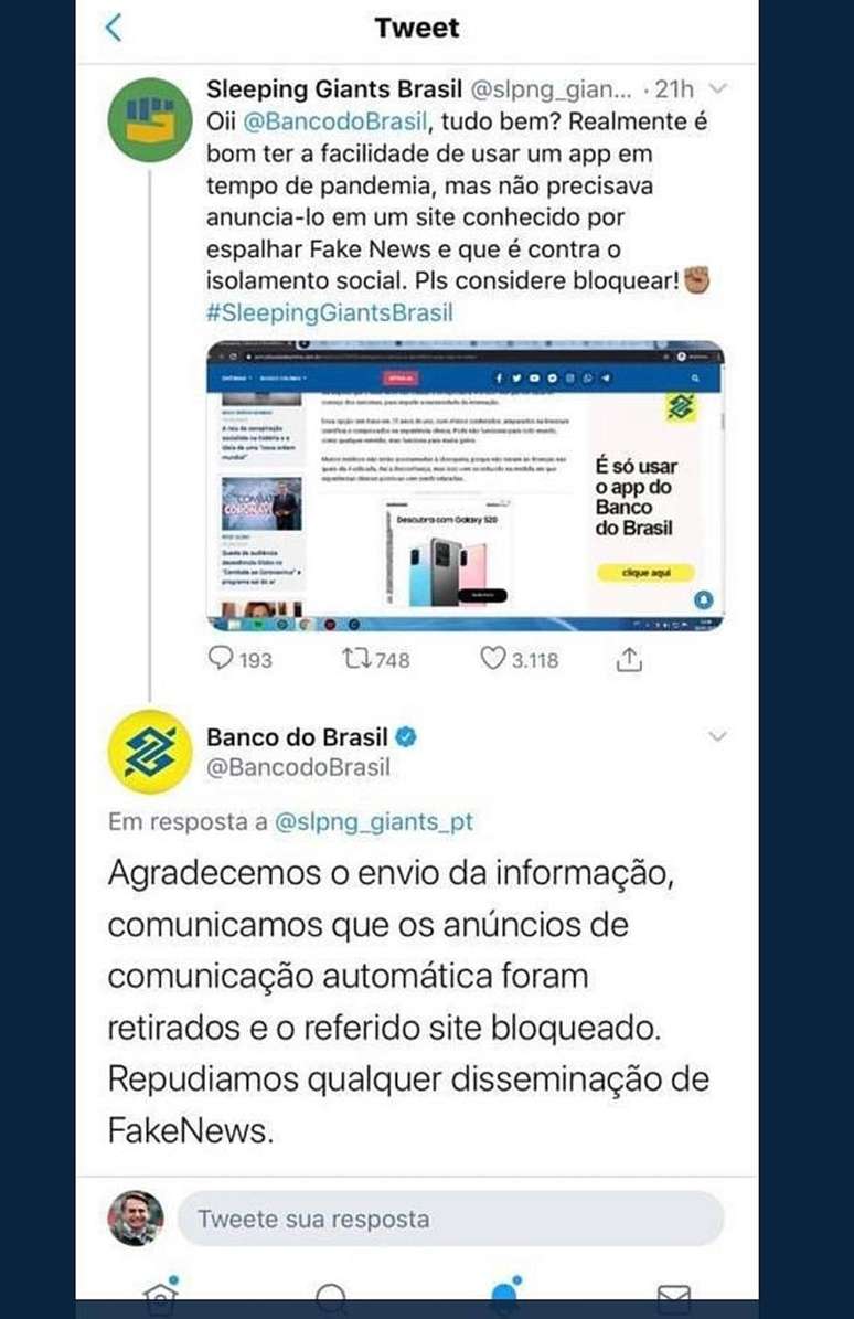 Site alerta BB sobre publicidade em site acusado de disseminar fake news, e BB respondeu ao perfil também pelo Twitter: ‘Repudiamos qualquer disseminação de fake news’ 