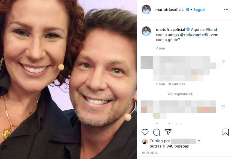 No Instagram, o ator registrou o encontro na Band com sua apoiadora, a deputada federal Carla Zambelli, enérgica aliada de Jair Bolsonaro