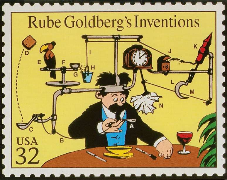 Selo em homenagem ao cartunista e inventor norte-americano Rube GoldbergRube Goldberg Inc
Divulgação via REUTERS