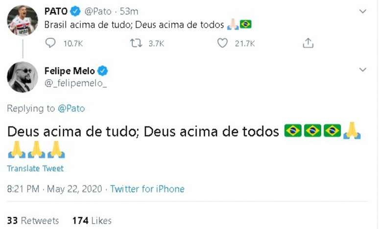 Pato ganhou apoio do rival Felipe Melo após se posicionar a favor de Bolsonaro (FOTO: Reprodução/Twitter)