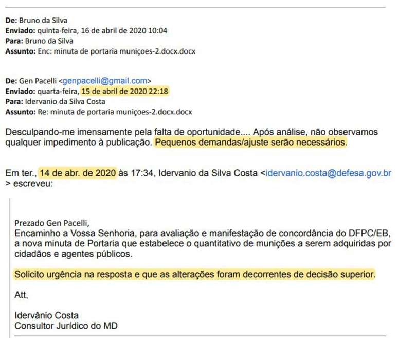 Às 22h de 15 de abril, o general de brigada Eugênio Pacelli Vieira Mota Pacelli enviou parecer de apenas três linhas de seu e-mail pessoal sobre texto de norma que triplica o limite para aquisição de munição