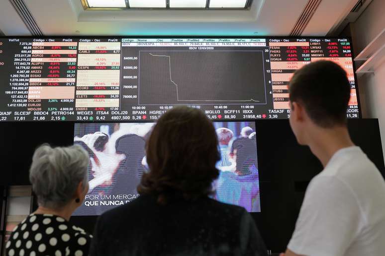Pessoas observam movimetação do mercado financeiro em painel eletrônico da B3. 12/3/2020. REUTERS/Amanda Perobelli