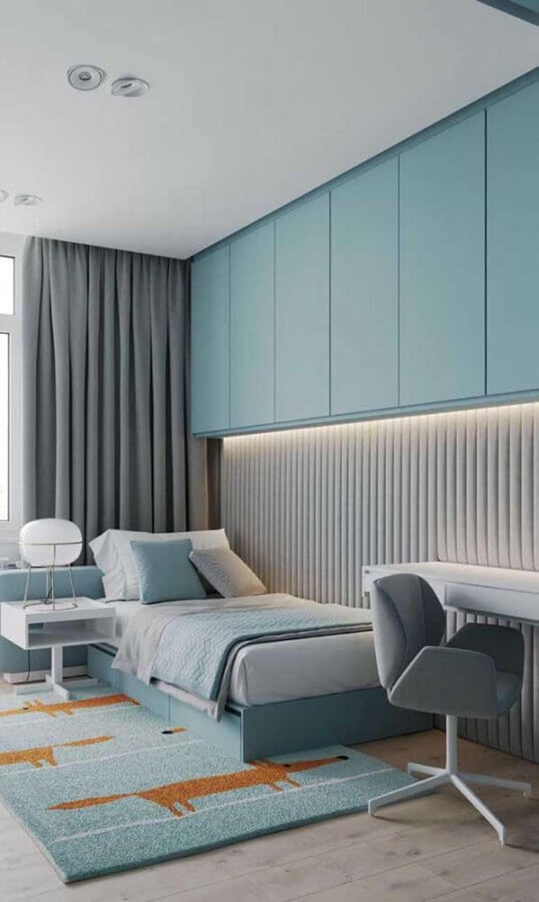77. Modelo de abajur diferente para decoração de quarto de solteiro azul e cinza – Foto: Pinterest