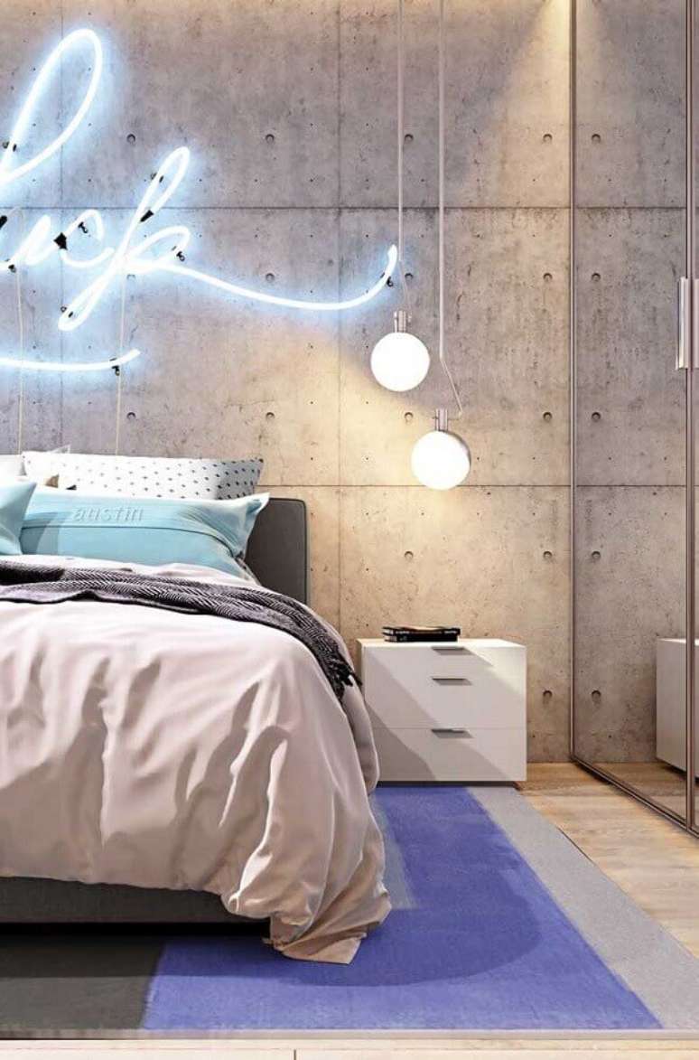 28. Decoração moderna de quartos bonitos com luminária de led e pendente minimalista – Foto: Behance