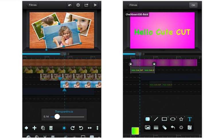 O Cute CUT conta com uma linha do tempo com múltiplas camadas de vídeo, áudio e imagem, mas é limitado a apenas 30 segundos na versão gratuita.