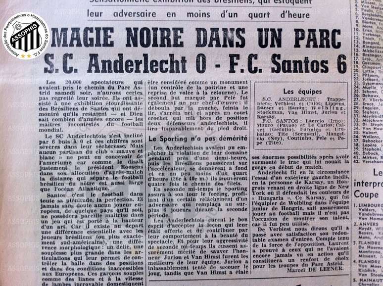 Santos goleou o Anderlecht em maio de 1960, há 60 anos (Foto: Reprodução/Assophis)