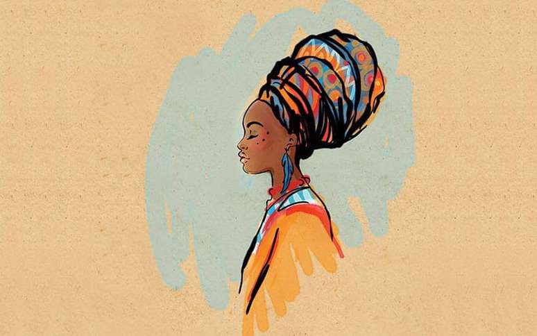 Ilustração de uma mulher negra com turbante na cabeça em um fundo laranja