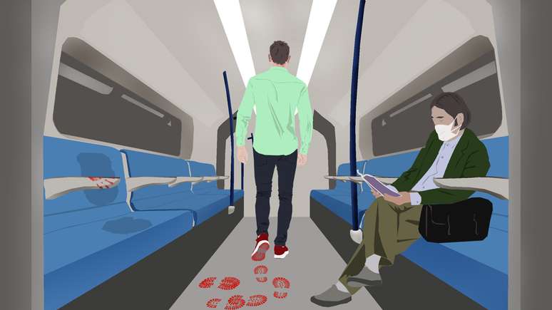 Ilustração de homem caminhando em vagão de trem
