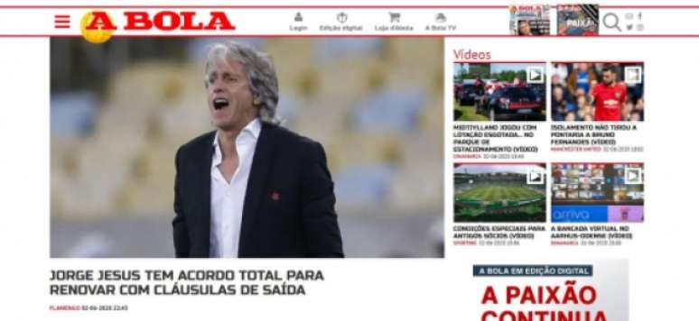 Jornal "A Bola" informando a renovação do Mister (Foto: Reprodução)