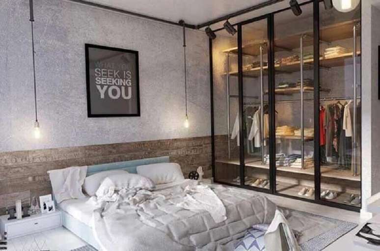 46. Quadros com frases para quarto moderno decorado com estilo industrial – Foto: Wood Save
