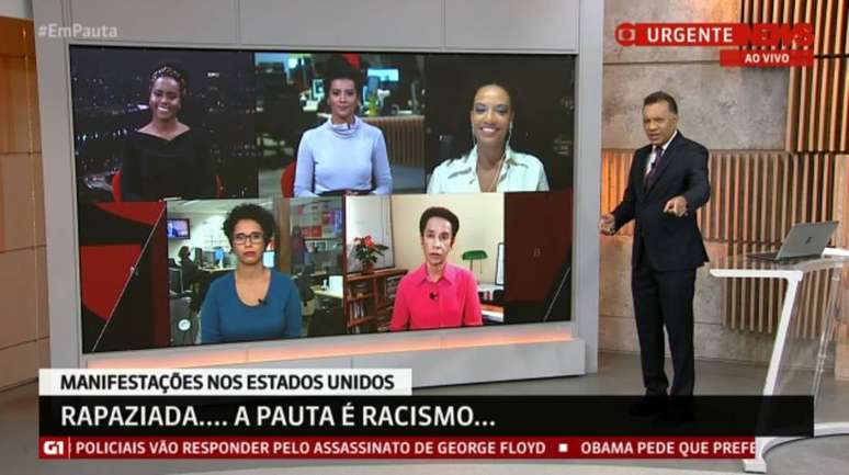 Maju Coutinho, Aline Midlej, Flavia Oliveira, Lilia Ribeiro, Zileide Silva e Heraldo Pereira na edição do 'Em Pauta', do canal pago Globo News, em 3 de junho de 2020