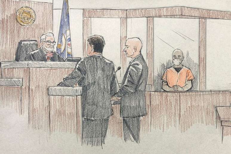 Ilustração mostra tribunal em Mineápolis durante audiência para definição da fiança de policiais envolvidos na morte de George Floyd 
04/06/2020
Cedric Hohnstadt Illustration via REUTERS