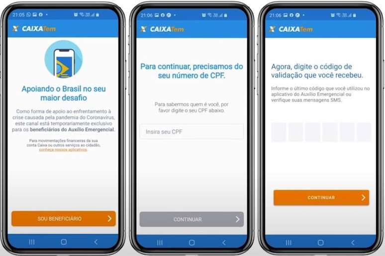 Passo 1: Ao abrir o aplicativo, clique em "Sou benefici&aacute;rio", insira seu CPF e digite o c&oacute;digo que receber por SMS.