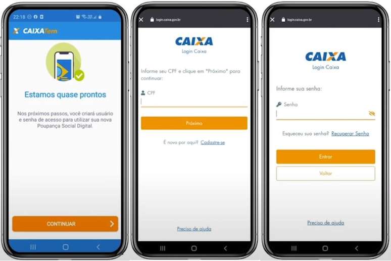 Passo 2: Depois de verificar o n&uacute;mero de CPF, clique em Continuar na tela seguinte para entrar com o seu login Caixa. Caso n&atilde;o tenha, &eacute; poss&iacute;vel fazer o cadastro na hora.