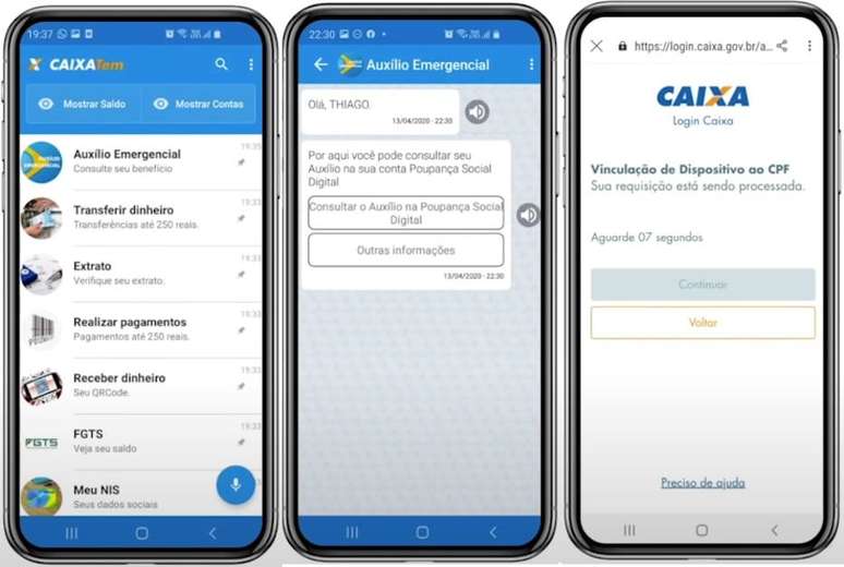 Passo 3: Na p&aacute;gina principal do aplicativo, selecione a op&ccedil;&atilde;o "Aux&iacute;lio Emergencial". Na caixa de di&aacute;logo que se abrir, clique no bot&atilde;o "Consultar o Aux&iacute;lio na Poupan&ccedil;a Digital" e inicie o processo de verifica&ccedil;&atilde;o do CPF no dispositivo.