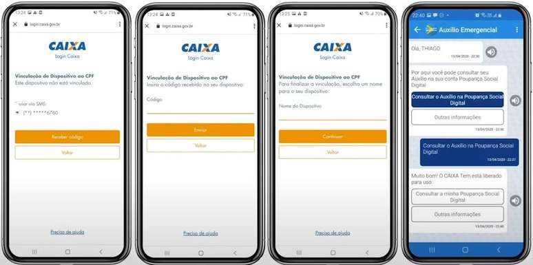 Passo 4: Para vincular o dispositivo ao login Caixa, clique em "Receber c&oacute;digo" e digite o novo c&oacute;digo que receber por SMS. Em seguida, nomeie o seu dispositivo para identific&aacute;-lo mais facilmente depois. Por fim, quando voltar &agrave; caixa de di&aacute;logo, clique em "Consultar a minha Poupan&ccedil;a Social Digital" para movimentar o valor do aux&iacute;lio emergencial.