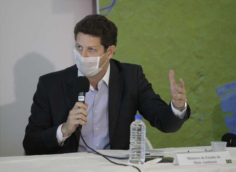 O ministro do Meio Ambiente, Ricardo Salles, durante entrevista coletiva sobre as operações de combate ao desmatamento