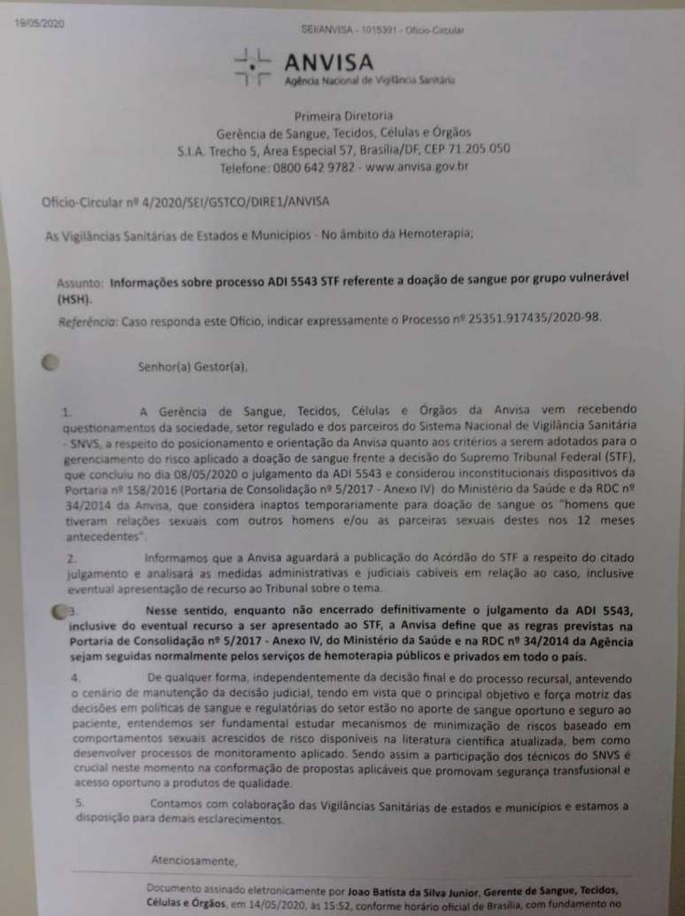 Em ofício enviado aos hemocentros do País, Anvisa orienta laboratórios a considerarem “homens que tiveram relações sexuais com outros homens e/ou as parceiras sexuais destes” inaptos por 12 meses a doarem sangue