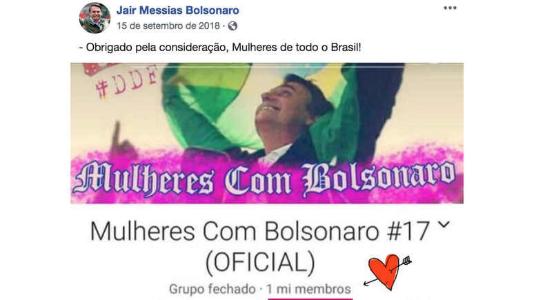 Para coligações derrotadas e autoras de ações na Justiça Eleitoral, agradecimento publicado pelo então candidato seria forte indício de que Bolsonaro teria participado ou teria conhecimento de ataque a grupo no Facebook