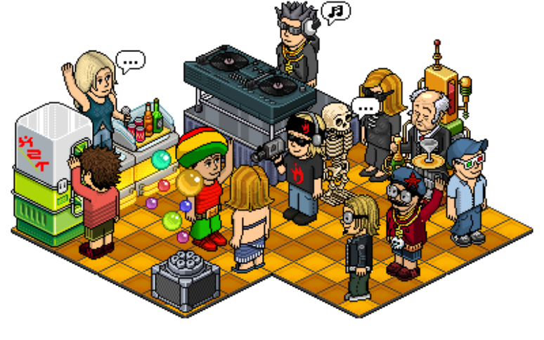 “Balada virtual” no Habbo Hotel, joguinho clássico do início dos anos 2000