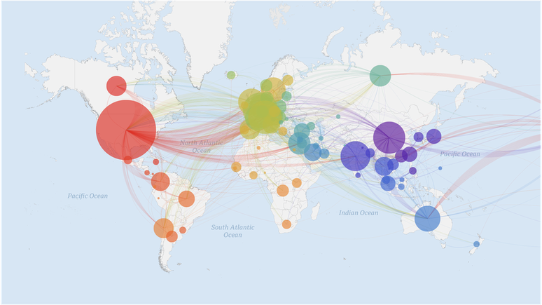 Mapa mostra as milhares de sequências genéticas do coronavírus, que mutou também a partir das viagens e dos contatos que infectados fizeram ao redor do mundo