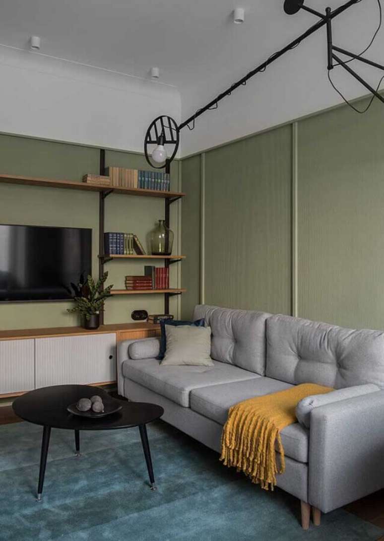 38. Sala verde e cinza simples decorada com manta para sofá – Foto: Architecture Art Designs